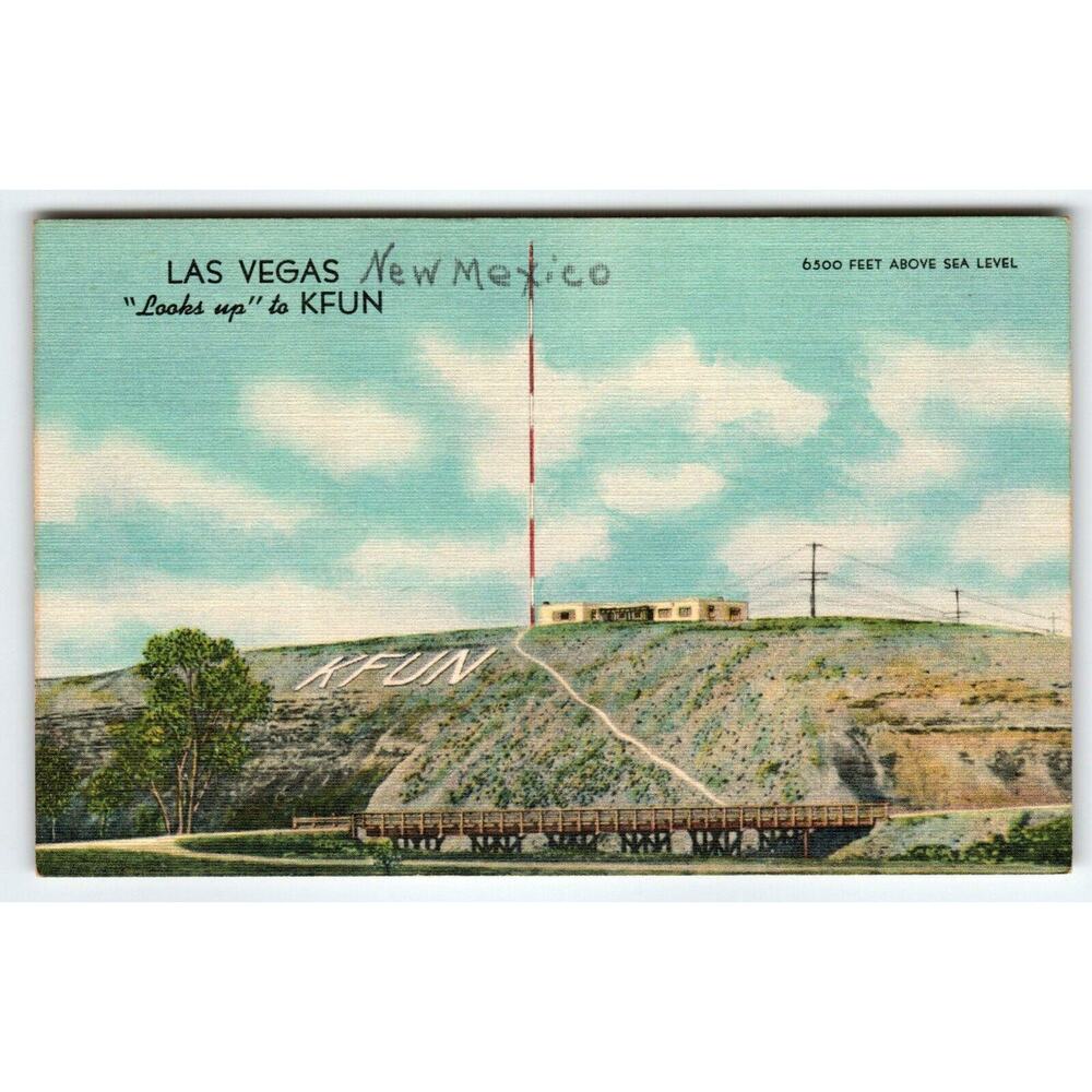 KFUN Radio Station Las Vegas New Mexico Postcard Linen Vintage Mountains Tower